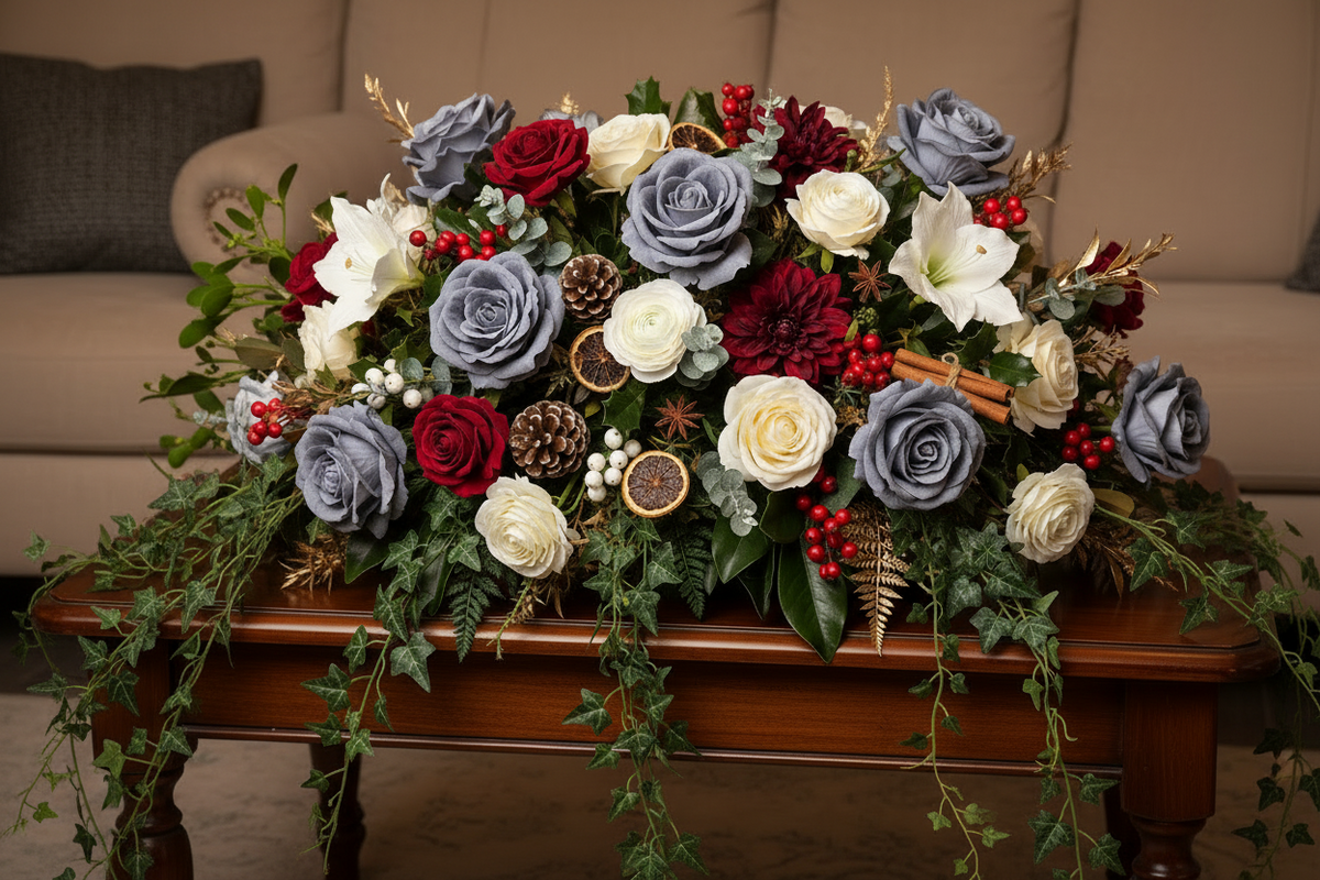 Artificial grey velvet touch roses styled in a large elaborate Christmas coffin tribute floral arrangement with deep red roses, white lilies, dark red dahlias, red berry clusters, pine cones, dried orange slices, cinnamon sticks and trailing dark green foliage on a dark wood coffin displayed in front of a beige sofa