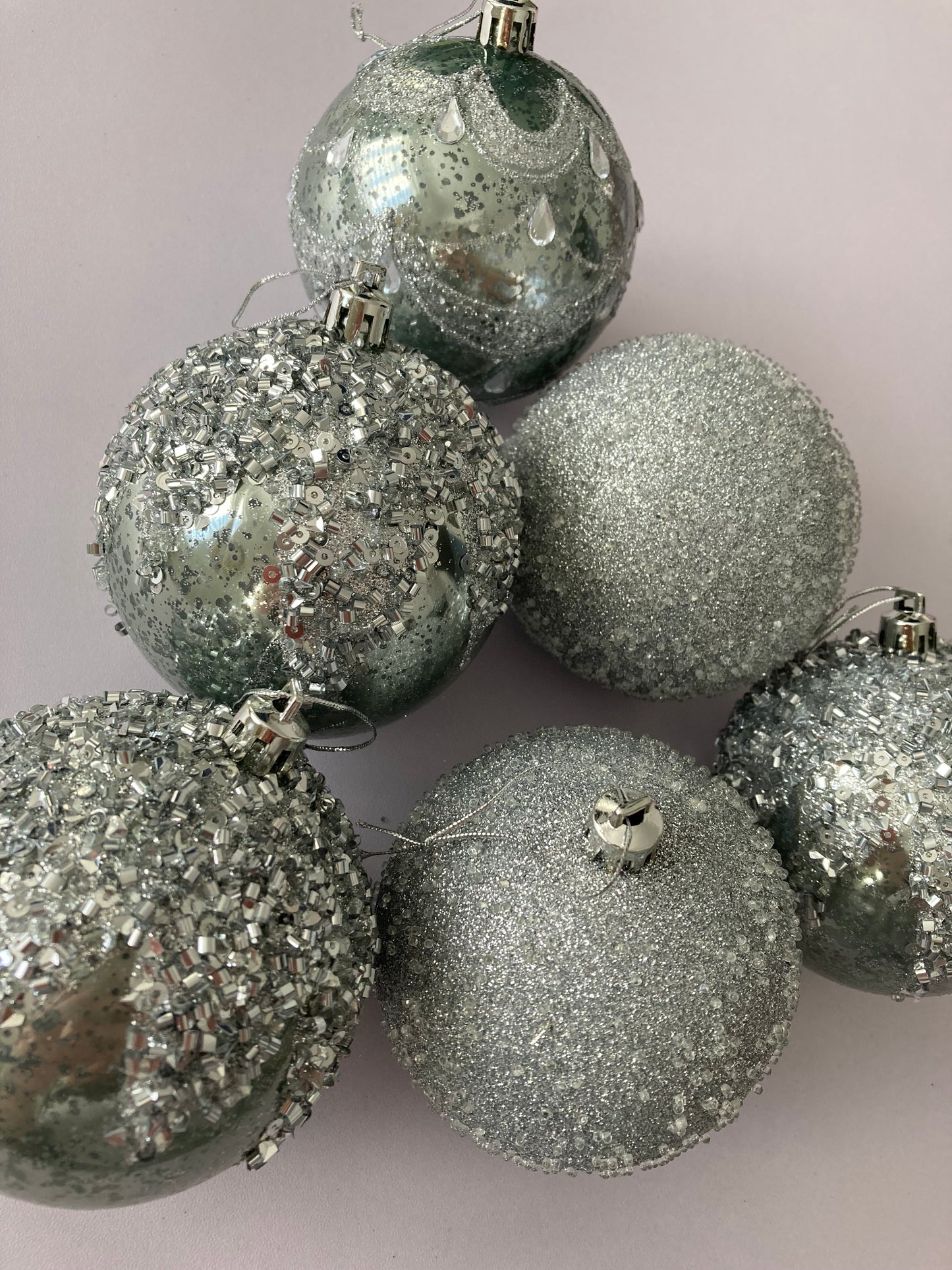 6Pck Silver Mixed Design Christmas Baubles