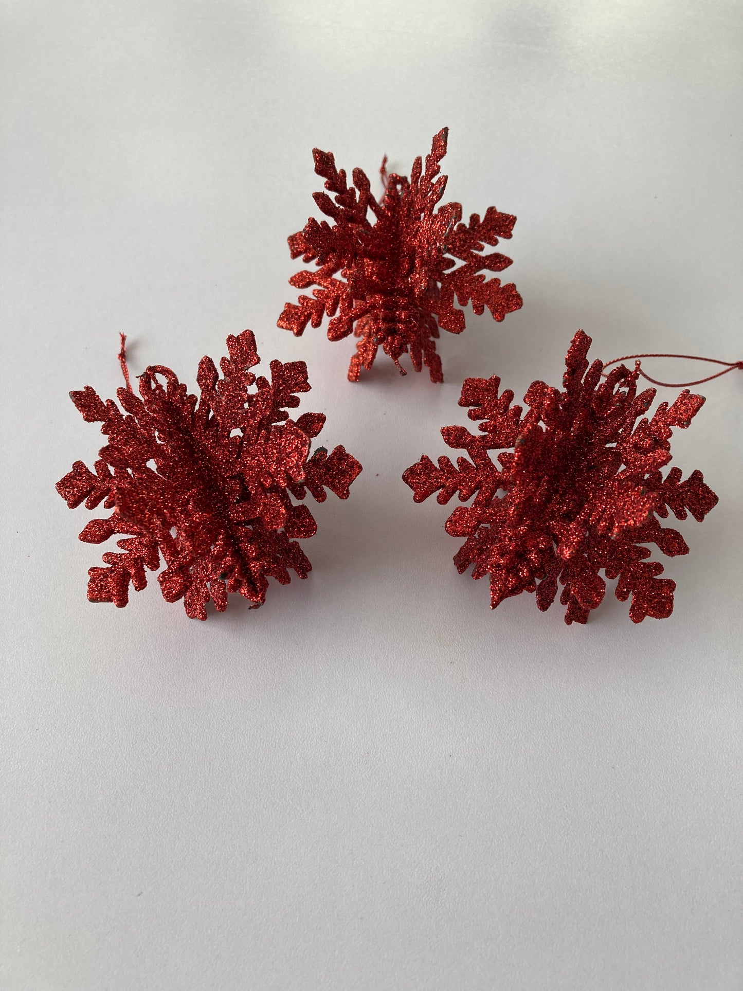 3pck Red Glitter 3D Snowflake Baubles