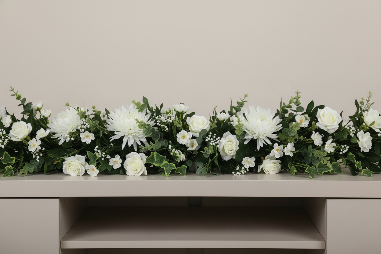 Artificial white chrysanthemum single stems styled in a long lush wedding console table garland with white roses, gypsophila and trailing green eucalyptus foliage arranged across a light beige console table against a plain beige wall