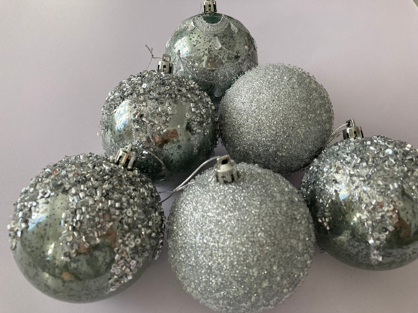 6Pck Silver Mixed Design Christmas Baubles