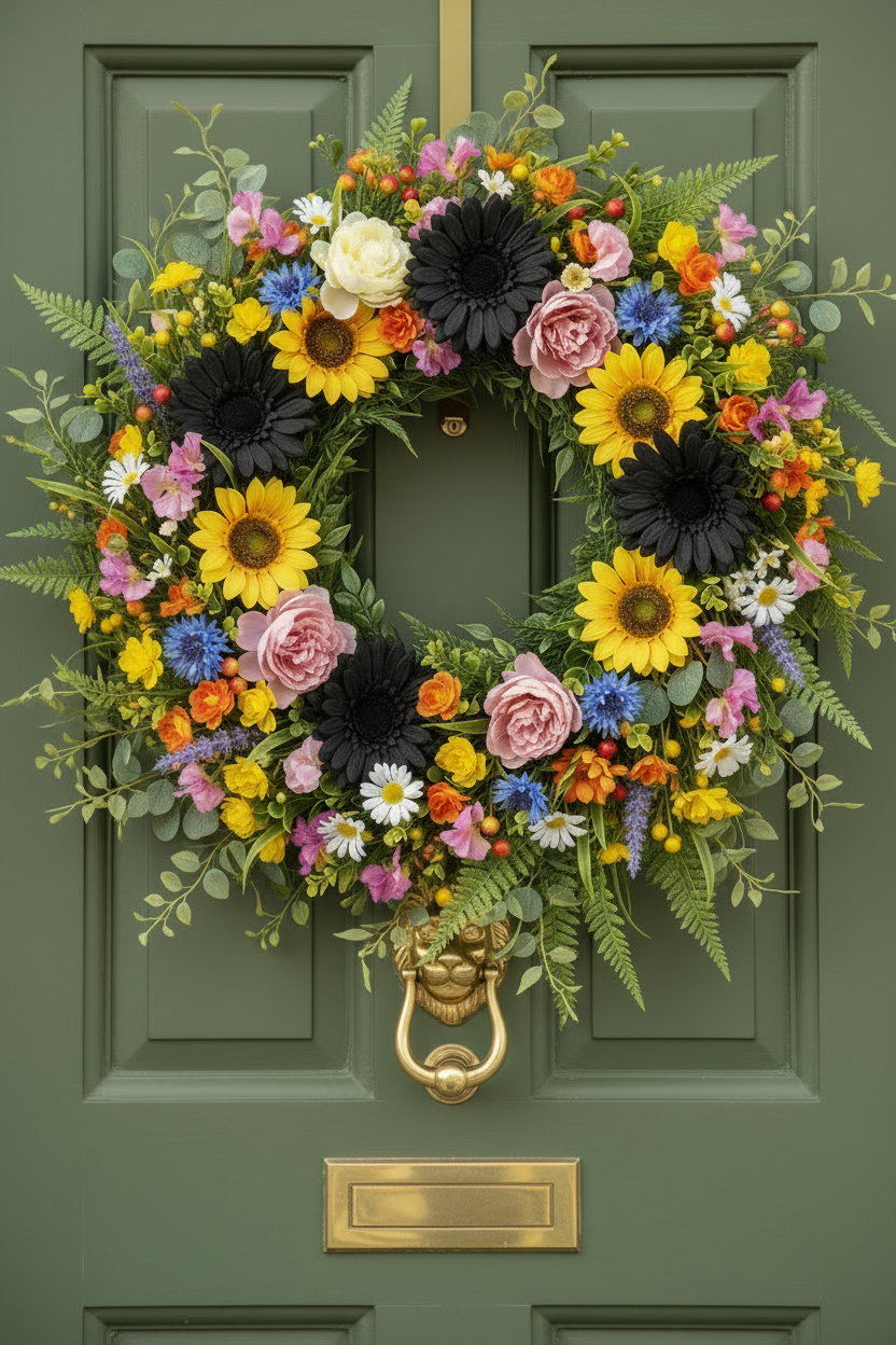 Artificial black gerbera daisies featured in a lush summer door wreath with yellow sunflowers, pink roses, white daisies, blue cornflowers and green ferns on a sage green front door