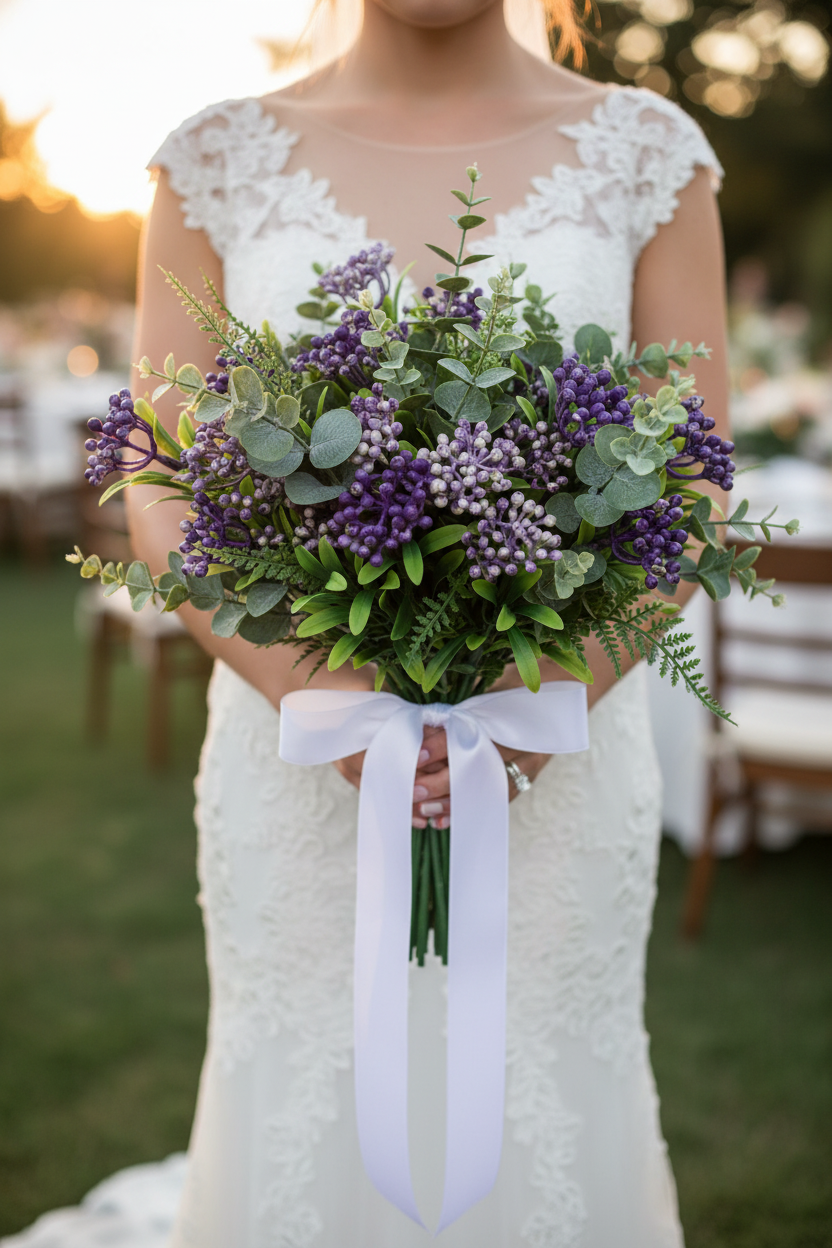 White & Purple Berry Wedding Floral Bouquet Example  – faux floral décor by Whimsical Blossom Floristry