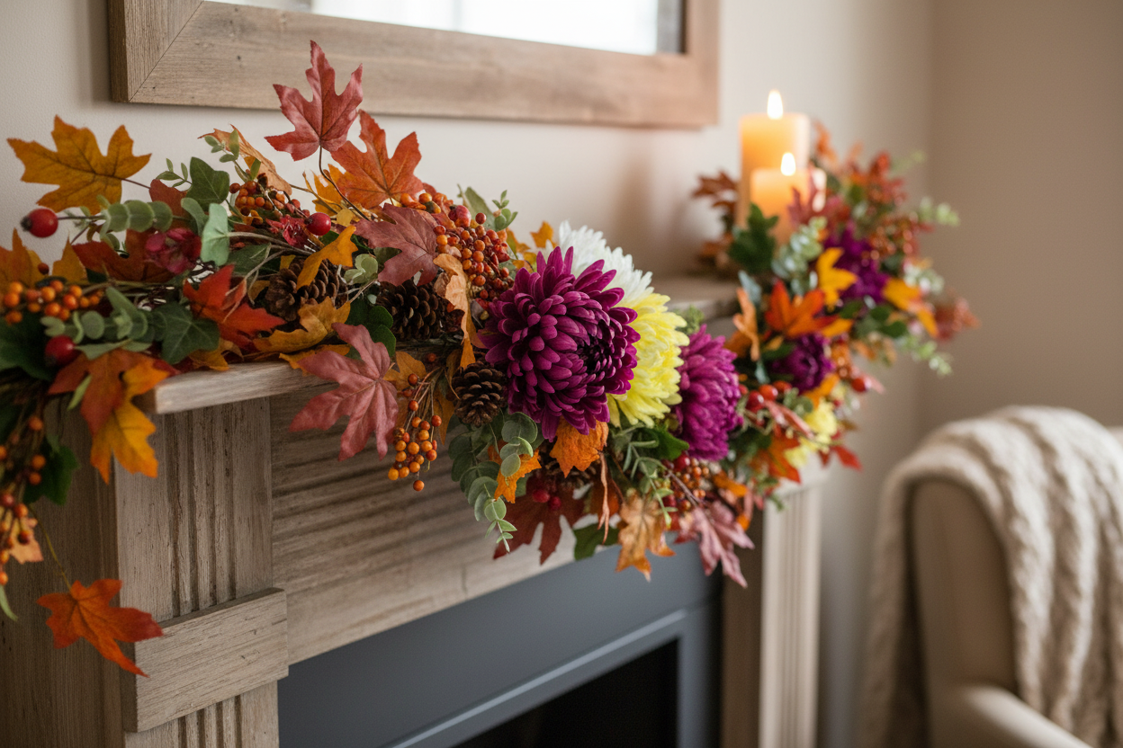 Artificial purple chrysanthemum single stems styled in a lush autumn fireplace mantel garland with orange and red maple leaves, pine cones, yellow chrysanthemums, red berries and a lit pillar candle on a rustic white wooden mantelpiece with a cosy armchair in the background