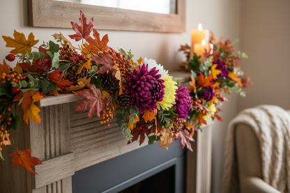 Artificial purple chrysanthemum single stems styled in a lush autumn fireplace mantel garland with orange and red maple leaves, pine cones, yellow chrysanthemums, red berries and a lit pillar candle on a rustic white wooden mantelpiece with a cosy armchair in the background