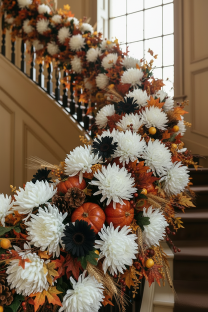  Artificial white chrysanthemum single stems styled in a dramatic autumn staircase runner with orange pumpkins, black daisy stems, rust-coloured maple leaves, pine cones, wheat stems and trailing foliage cascading down a grand wooden staircase banister with tall arched windows in the background