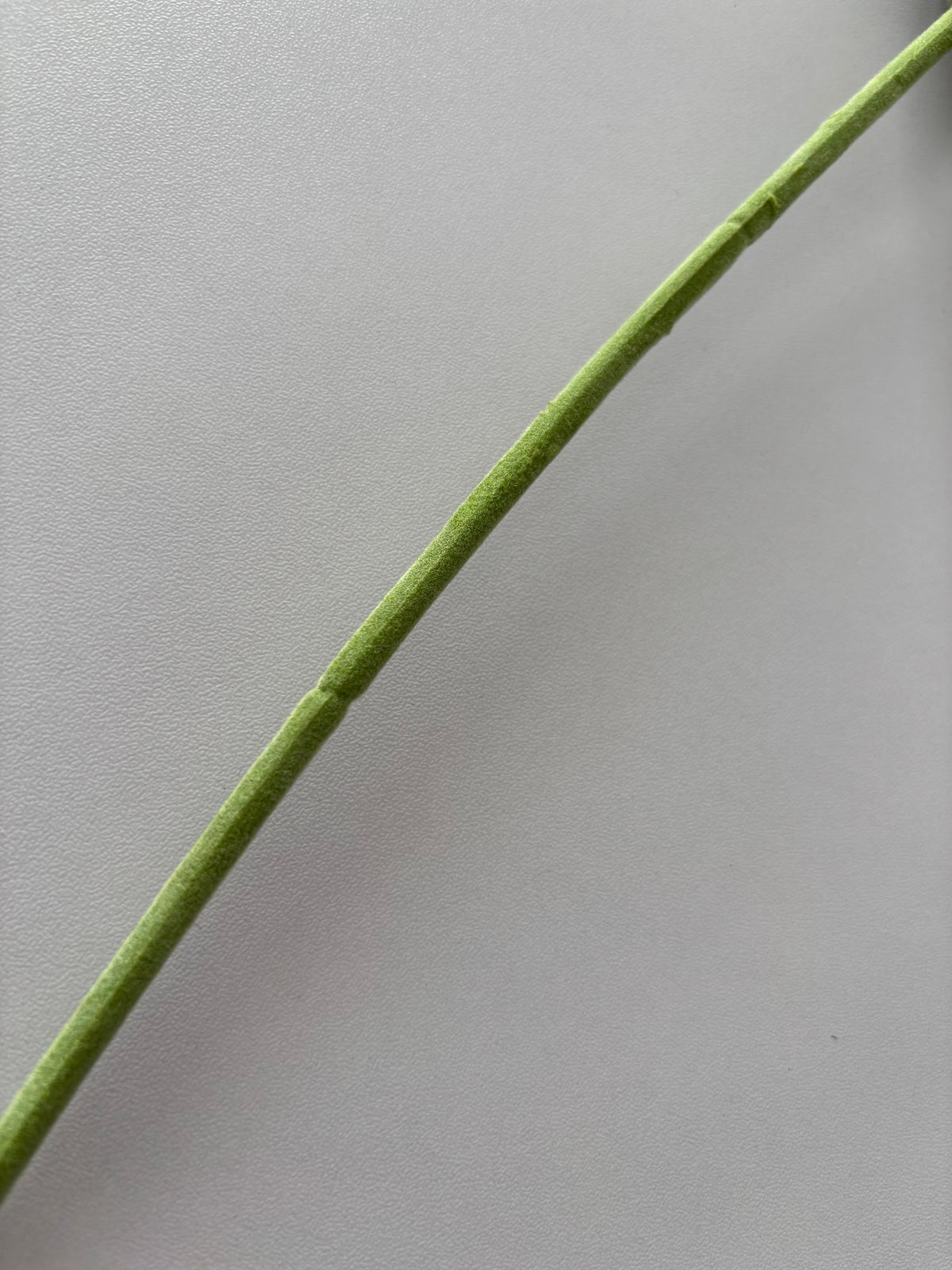 Extreme close up diagonal shot of an artificial purple silk anemone stem showing the soft fabric wrapped wired stem construction in bright green with fine texture detail visible against a plain light grey background