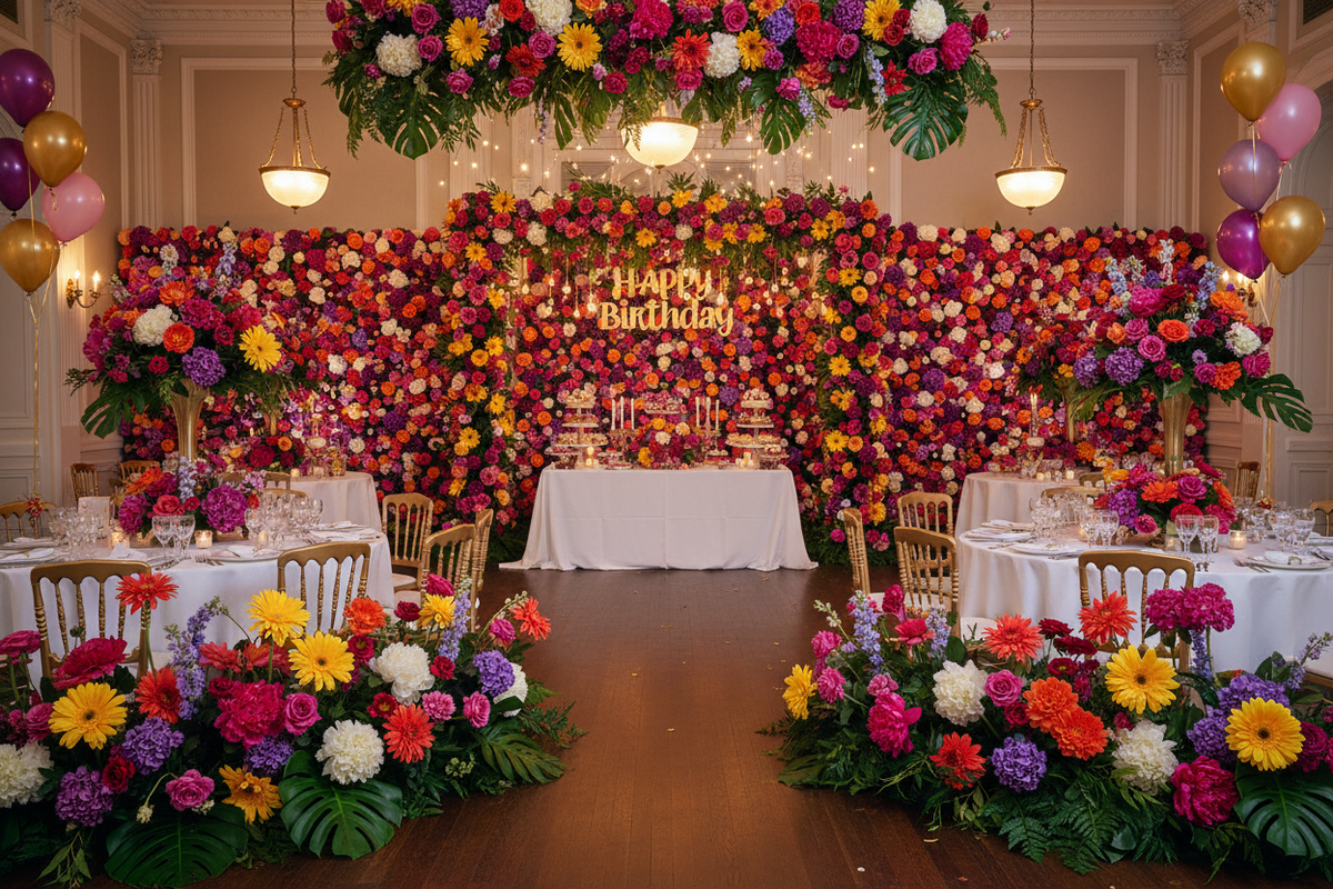 Artificial yellow gerbera single stems styled in a grand birthday party venue with a dramatic floor-to-ceiling floral wall backdrop, colourful table floral arrangements, gold balloons and a gold Happy Birthday sign in a luxury ballroom