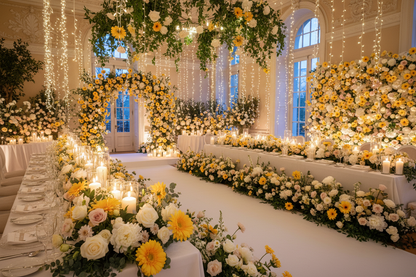 Artificial yellow gerbera single stems styled in a grand luxury wedding venue with long white banquet tables lined with yellow gerbera and white rose floral runners, hanging greenery archways and warm fairy lights in a grand hall with tall arched windows
