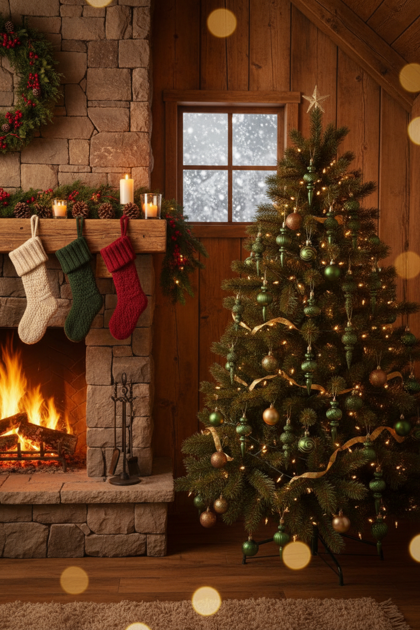 Green Christmas spindle baubles styled on a decorated Christmas tree with warm fairy lights beside a lit stone fireplace with colourful stockings on the mantle, a snowy window and wrapped gifts underneath in a rustic wood-panelled room