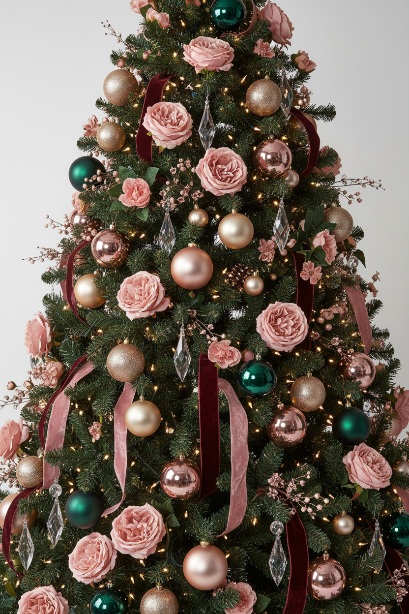 Artificial soft pink silk open roses styled on a decorated Christmas tree with rose gold and green baubles, dusty pink ribbons and warm string lights on a plain light background