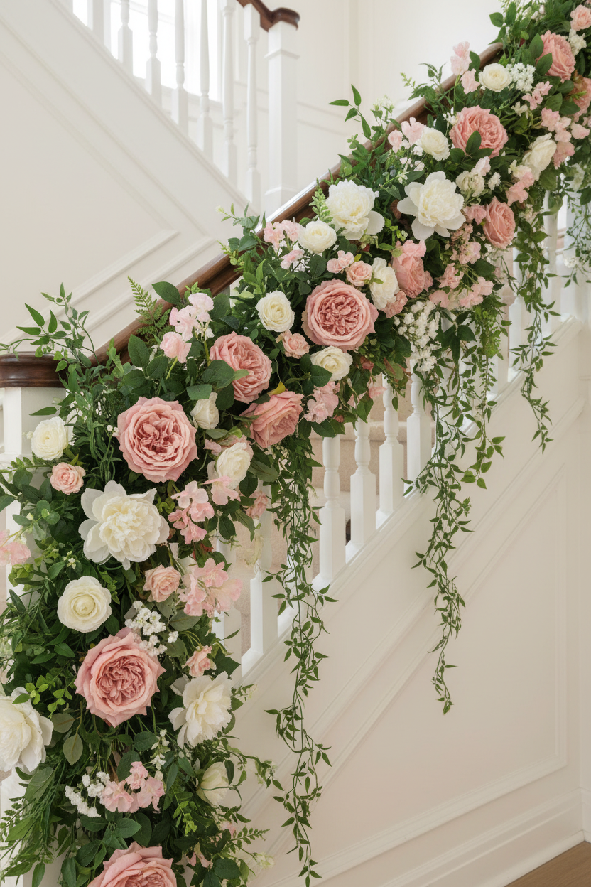 Artificial soft pink silk open roses styled in a lush wedding staircase garland with white roses, peonies, gypsophila and trailing green foliage draped over a white wooden staircase railing