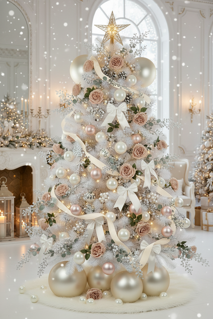 Artificial soft pink silk open roses styled on an elegant white Christmas tree with cream and champagne pearl ornaments, white ribbons and a gold star topper in a bright room with a white fireplace and candles