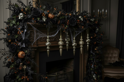 Champagne gold Christmas spindle baubles styled in a dramatic dark Halloween fireplace garland with black roses, skulls, orange pumpkins, spiderwebs and dark foliage with candelabras in a dimly lit gothic Victorian interior