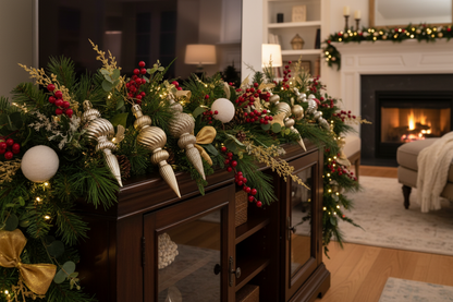 Champagne gold Christmas spindle baubles styled in a lush green Christmas fireplace garland with red berries, pine cones, gold round baubles, gold ribbon bows and warm fairy lights draped across a dark wooden media console with a lit fireplace in the background