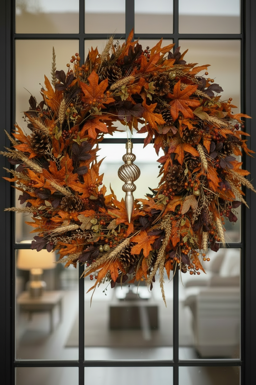 Champagne gold Christmas spindle bauble used as a decorative accent in a lush autumn wreath with orange and rust maple leaves, pine cones, wheat stalks and dried foliage hanging on a black-framed glass front door