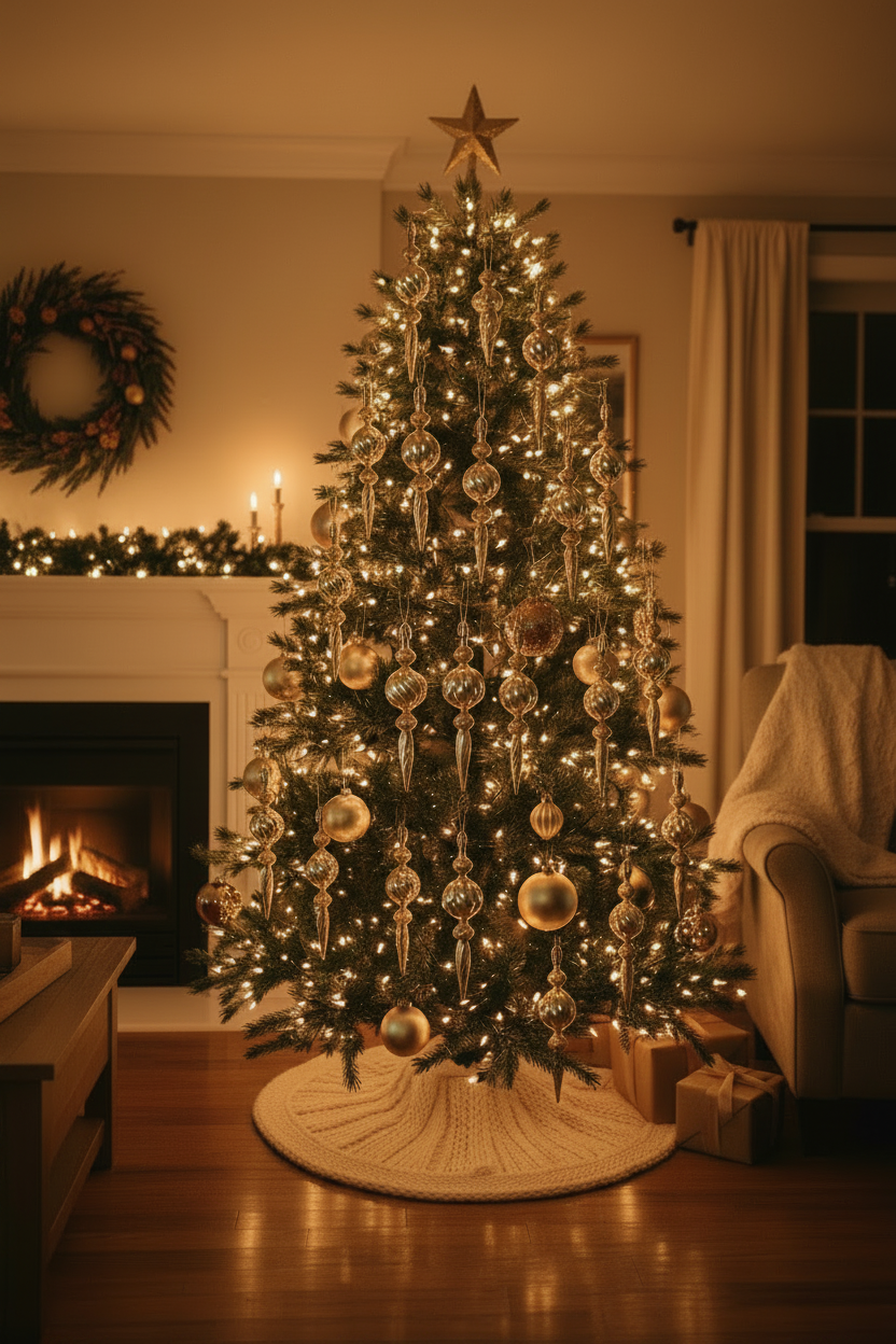 Champagne gold Christmas spindle baubles styled on a beautifully decorated champagne and gold Christmas tree with a gold star topper, warm fairy lights and mixed gold and white ornaments beside a lit fireplace in a cosy living room