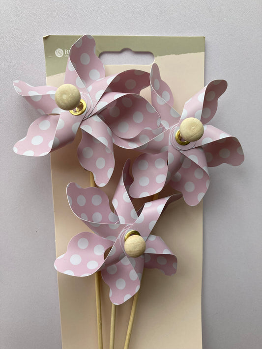 3pk Pink Polka Dot Windmill Picks