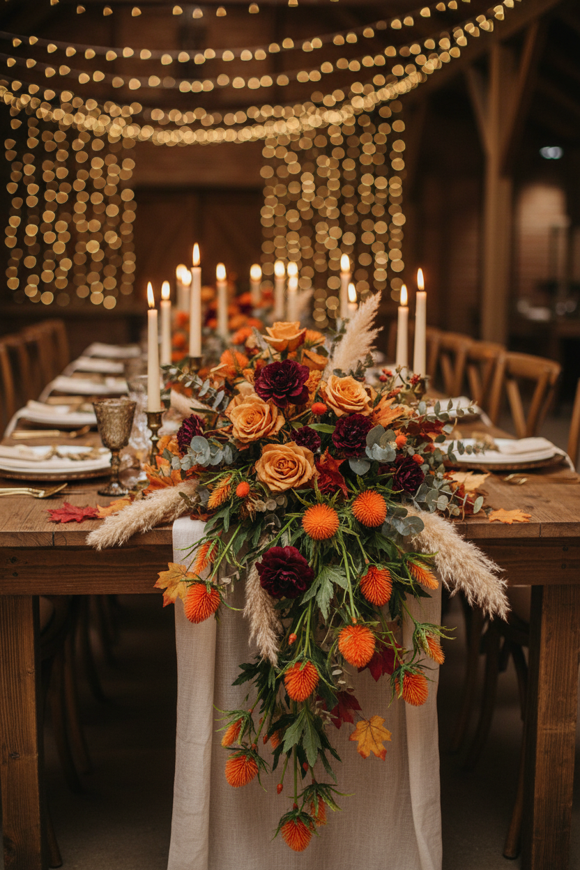 Artificial orange sea holly spray styled in an elegant autumn wedding table runner with orange roses, pampas grass, white candles and warm string lights on a rustic wooden banquet table