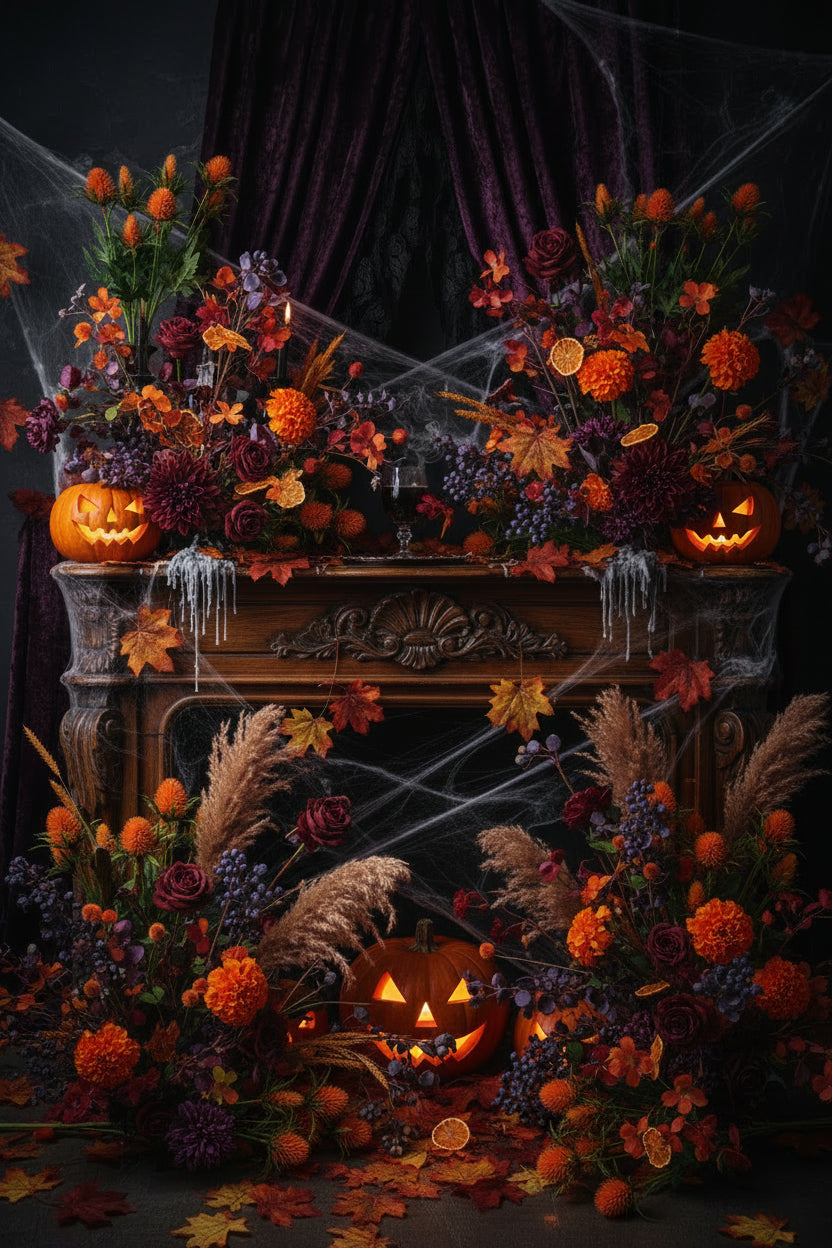Artificial orange sea holly spray styled in a dramatic Halloween mantelpiece display with carved jack-o-lantern pumpkins, cobwebs, purple flowers, orange berries and autumn leaves against dark purple drapery