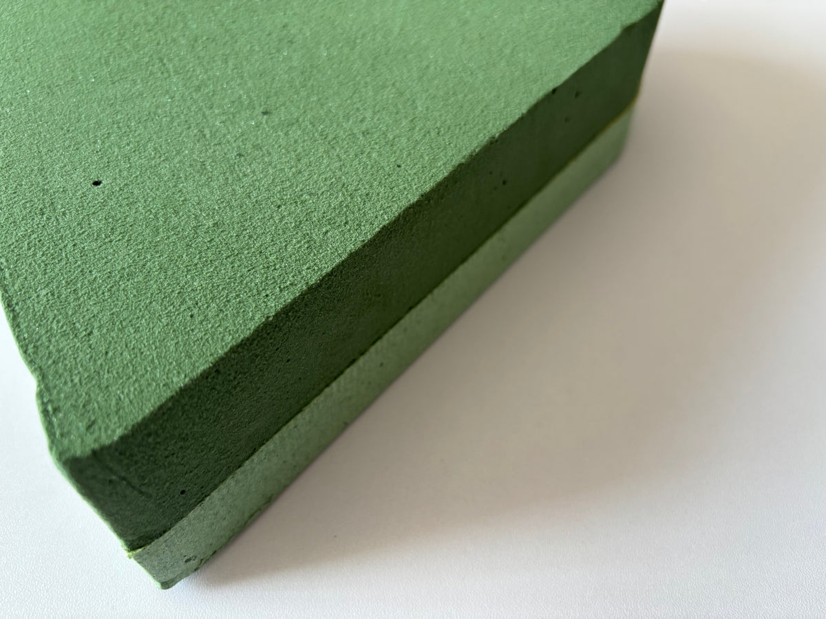 Side profile close up shot of a green heart shaped oasis wet floral foam frame showing the full 6cm depth and two layer construction with the soft porous wet foam top layer for stem insertion and the solid firm green base layer for easy handling clearly visible against a plain white background