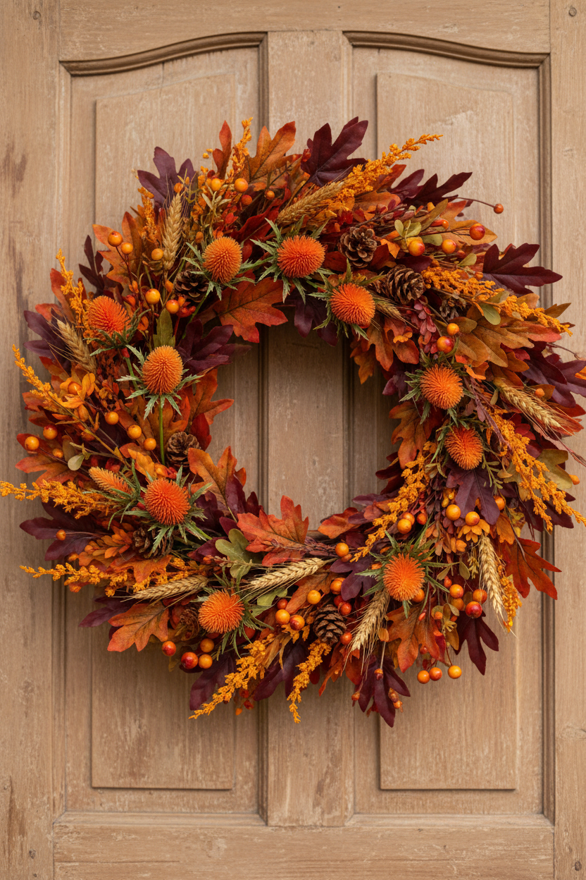 Artificial orange sea holly spray styled in a rich autumn harvest door wreath with orange pumpkins, burgundy maple leaves, wheat stalks and orange berries on a wooden door