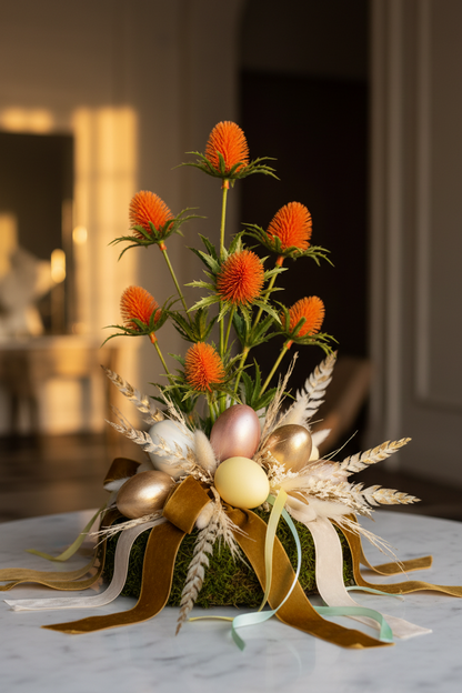 Artificial orange sea holly spray styled in an elegant Easter floral centrepiece with pastel speckled eggs, gold wheat stems, pampas grass and gold cream ribbons on a marble surface
