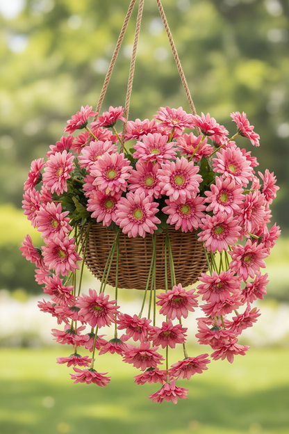 Artificial mauve gerbera bunch styled in a lush pink gerbera hanging basket with trailing stems and green foliage suspended outdoors against a blurred green garden background