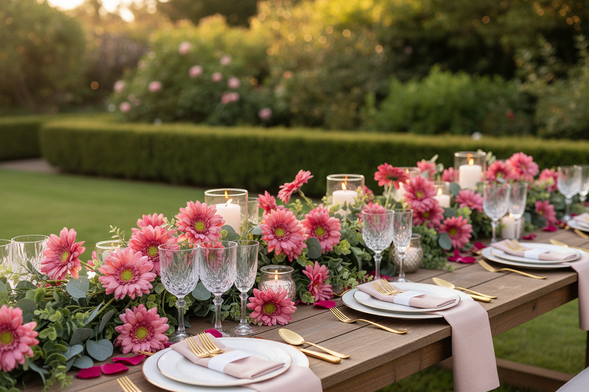 Artificial mauve gerbera bunch styled in an elegant outdoor wedding table runner with pink gerberas, white candles, crystal wine glasses and gold cutlery on a rustic wooden garden table
