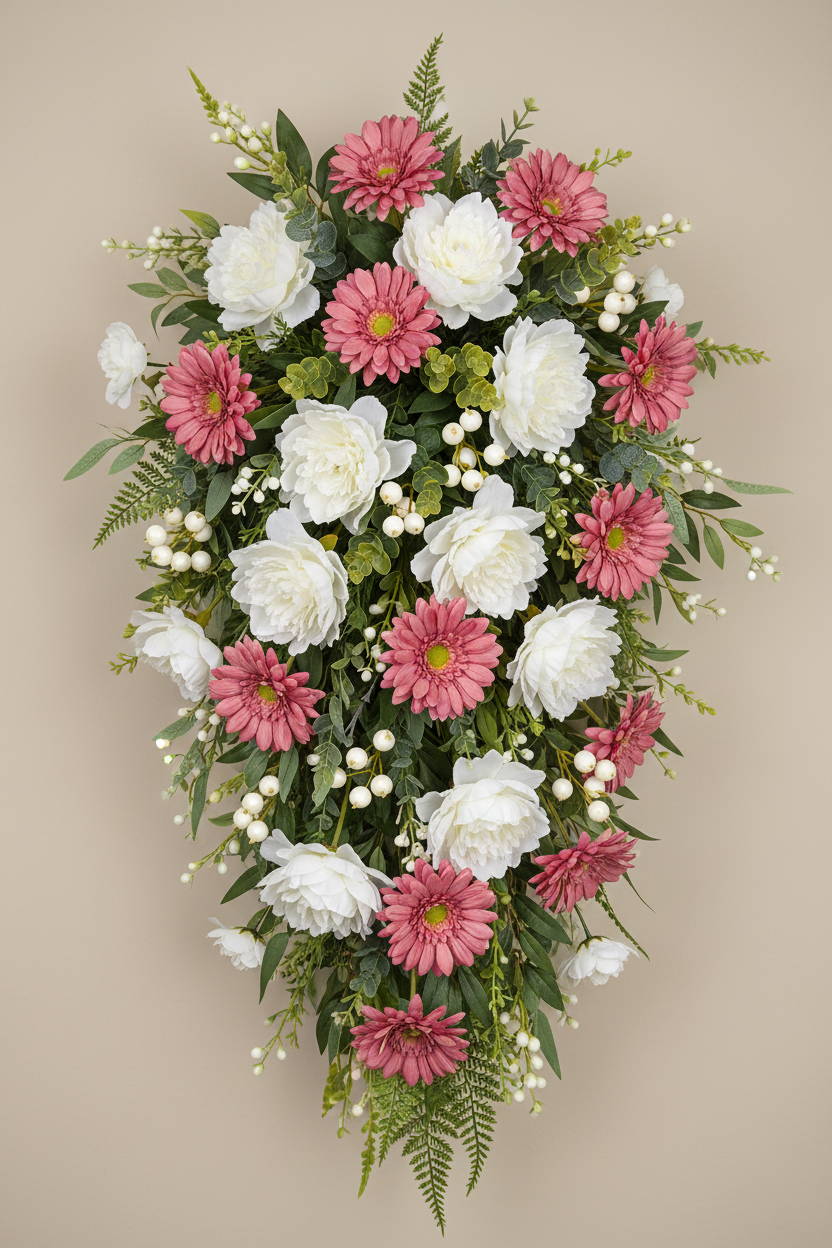 Artificial mauve gerbera bunch styled in a teardrop funeral casket spray tribute with pink gerberas, white roses, white gypsophila and green fern foliage on cream background
