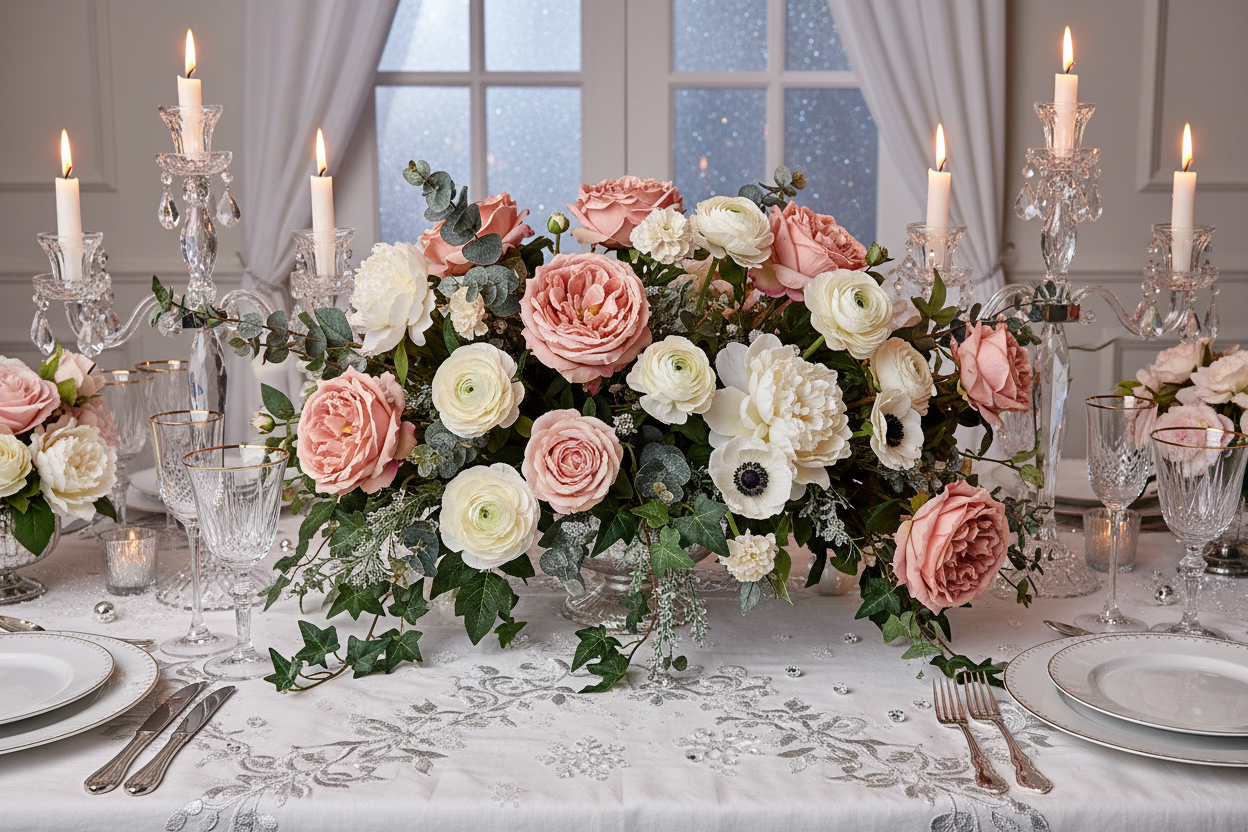 Artificial soft pink silk open roses styled in an elegant wedding table centrepiece with white ranunculus, anemones, green foliage and tall silver candelabras with lit taper candles on a white linen table with silverware and glassware