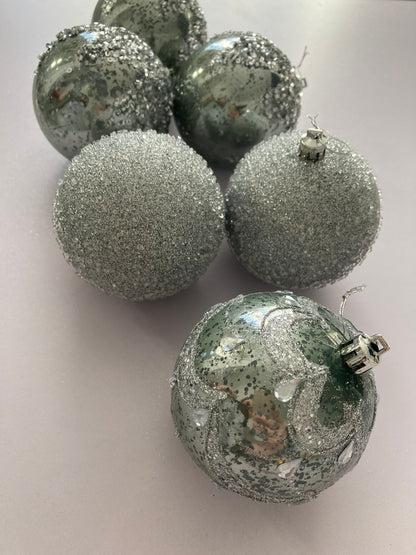 6Pck Silver Mixed Design Christmas Baubles