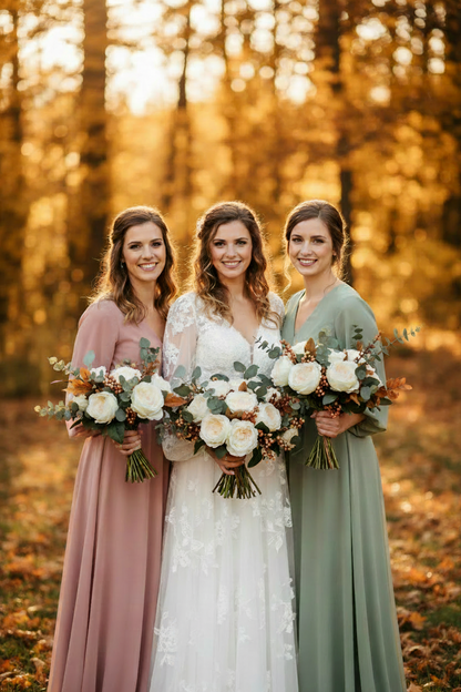 Artificial cream and pink cabbage roses styled in a romantic autumn wedding scene with bride in white gown and two bridesmaids in dusty pink and sage green dresses holding bouquets in a golden sunlit forest