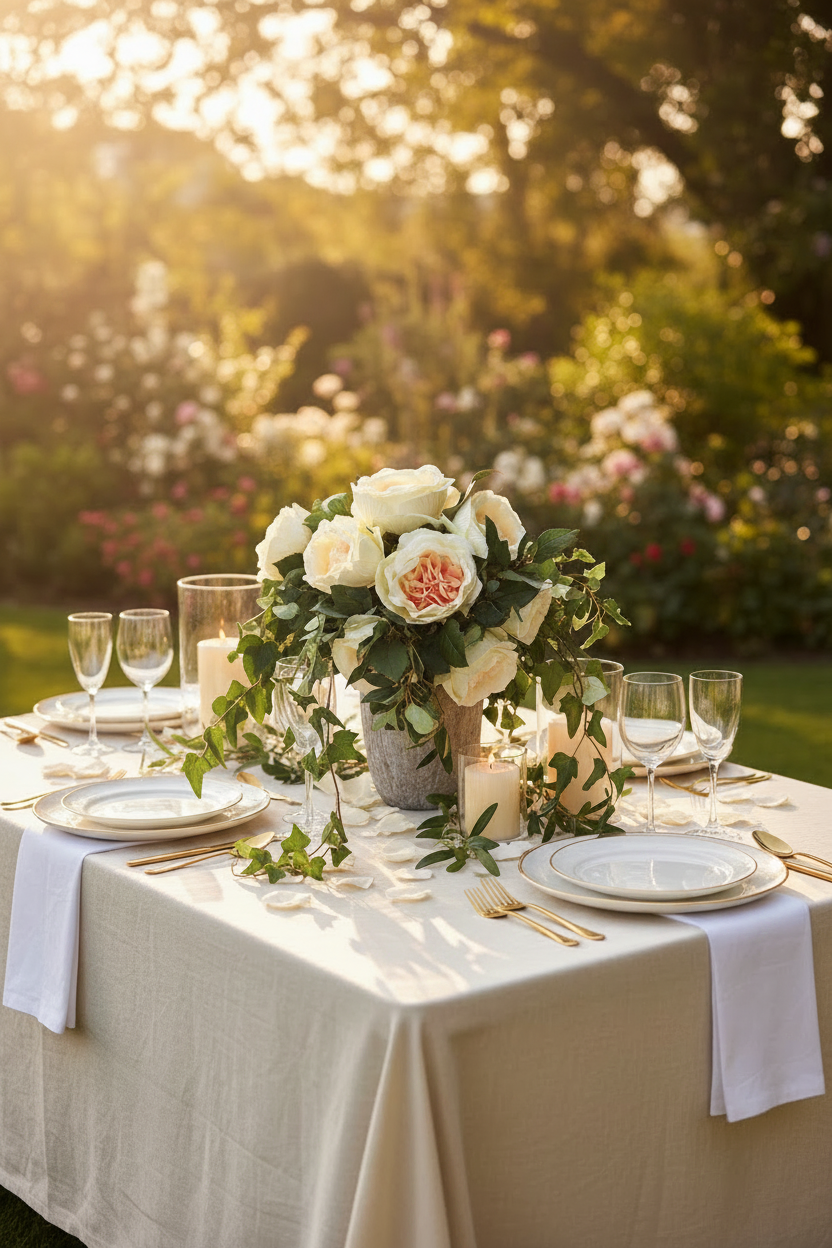Artificial cream and pink cabbage roses styled in an elegant outdoor wedding table centrepiece with white and peach roses, green foliage, white plates and crystal wine glasses on a white draped table in a sunlit garden