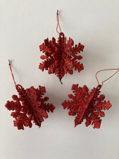 3pck Red Glitter 3D Snowflake Baubles