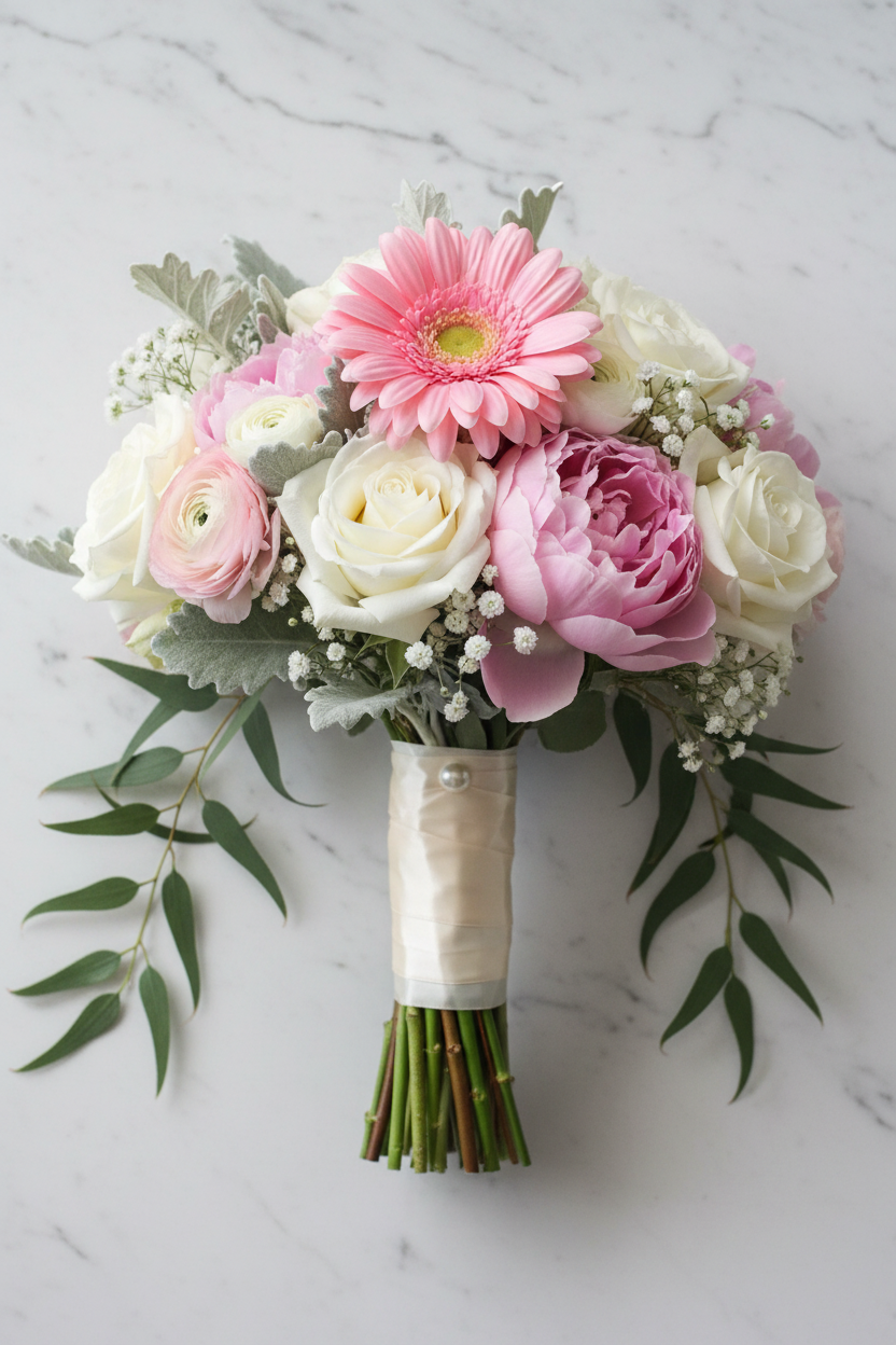 Artificial light pink gerbera styled in a cascading bridal bouquet with pink peonies, white roses, white gypsophila and green eucalyptus leaves on a white marble surface