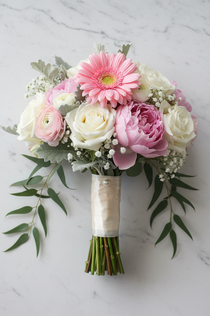 Artificial light pink gerbera styled in a cascading bridal bouquet with pink peonies, white roses, white gypsophila and green eucalyptus leaves on a white marble surface