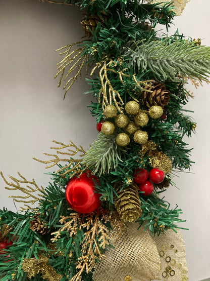45cm Festive Gold & Red Wreath
