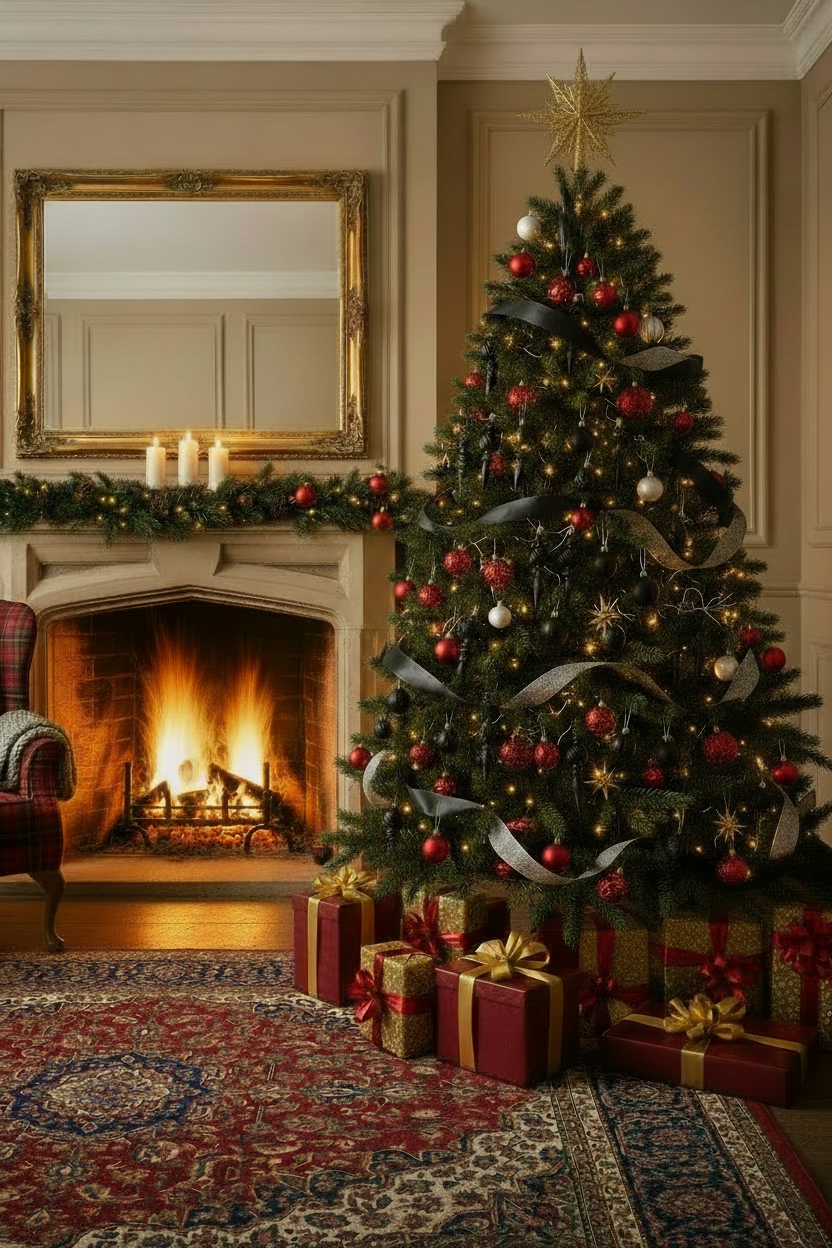 Black Christmas icicle finial baubles styled on a decorated Christmas tree with red and silver ornaments, white ribbons and gold star topper beside a lit fireplace with wrapped gifts underneath in a warm elegant living room
