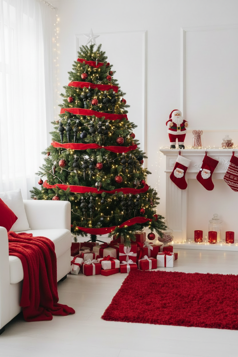 Black Christmas icicle finial baubles styled on a decorated Christmas tree with wide red ribbon, mixed red and gold ornaments and wrapped gifts underneath beside a white sofa with red cushions and Christmas stockings on a white mantle