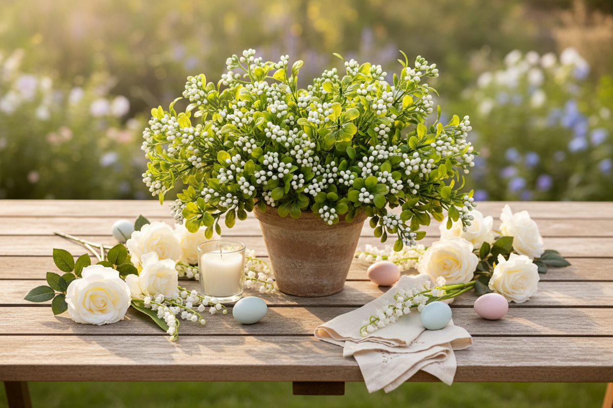 Artificial white berry and foliage stems styled in a spring Easter table centrepiece with white flowers, pastel eggs and a white candle on a rustic wooden garden table