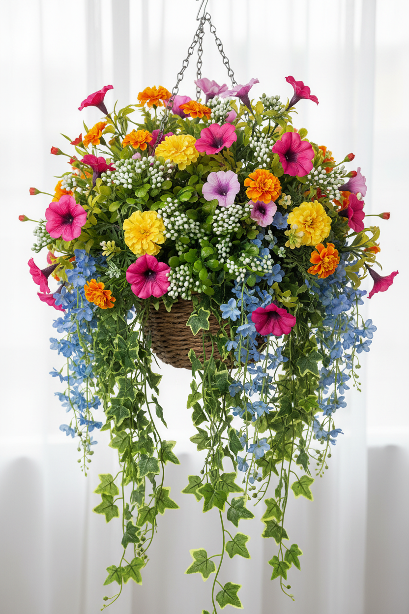 Artificial white berry and foliage stems styled in a colourful hanging basket with pink, yellow and orange petunias, blue trailing flowers and green ivy on white background