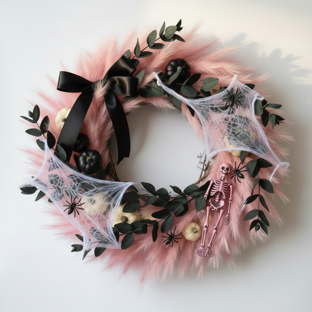 Artificial pink pampas spray styled in a Halloween door wreath with white spiderwebs, black ribbon bow, black plastic spiders, a small pink skeleton ornament, dark green eucalyptus leaves, black berries and pale cream apple decorations on a plain white background