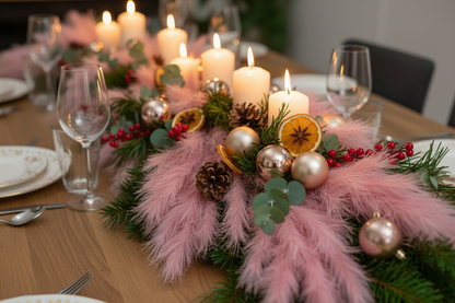 Artificial pink pampas sprays styled in a lush festive Christmas table centrepiece with lit white pillar candles, gold and pink baubles, pine cones, dried orange slices, red berry sprigs and green pine branches along a formal dining table set with white plates, wine glasses and silver cutlery