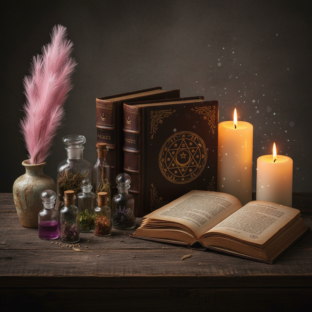 Artificial pink pampas spray styled in a dramatic Halloween witchy still life display with antique spell books, lit cream pillar candles, small glass potion vials with purple liquid and herbs, and an ornate ceramic vase on a dark rustic wooden table against a dark moody background