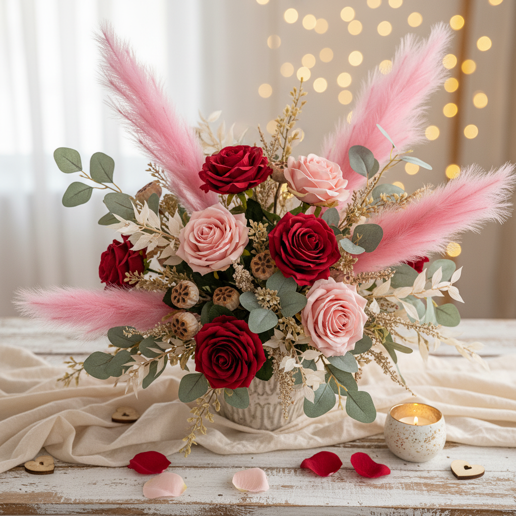 Artificial pink pampas sprays styled in a romantic Valentine's centrepiece arrangement in a white ribbed ceramic vase with deep red and blush pink artificial roses, green eucalyptus foliage and dried botanicals on a white rustic table with scattered rose petals, a small lit candle and warm bokeh fairy lights in the background