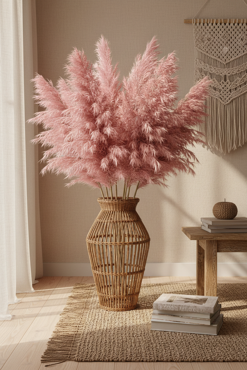 Artificial pink pampas sprays arranged in a large tall woven wicker floor vase overflowing with multiple full fluffy pink pampas plumes on a woven jute rug in a bright boho styled living room with a macramé wall hanging and wooden bench in the background