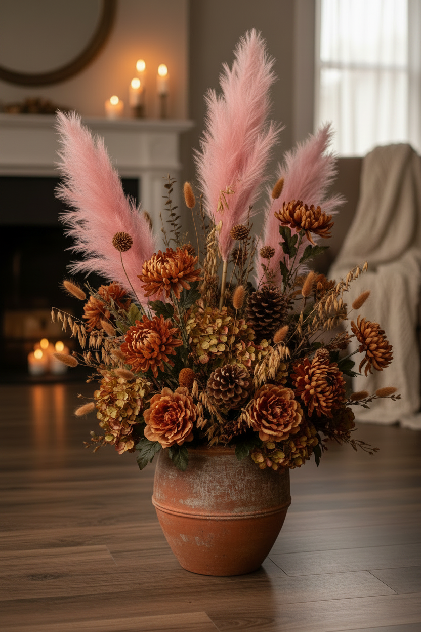 Artificial pink pampas sprays styled in a large rustic autumn floor arrangement in a terracotta pot with orange and rust chrysanthemums, brown dried botanicals, pine cones and warm amber foliage on a dark wooden floor in a softly candlelit living room