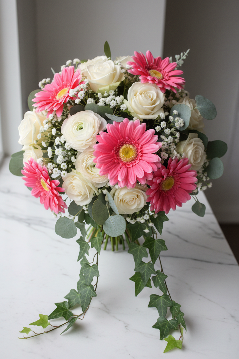Artificial pink gerbera daisies styled in a cascading bridal bouquet with white roses, white ranunculus, white gypsophila, green eucalyptus and trailing ivy on a white marble surface