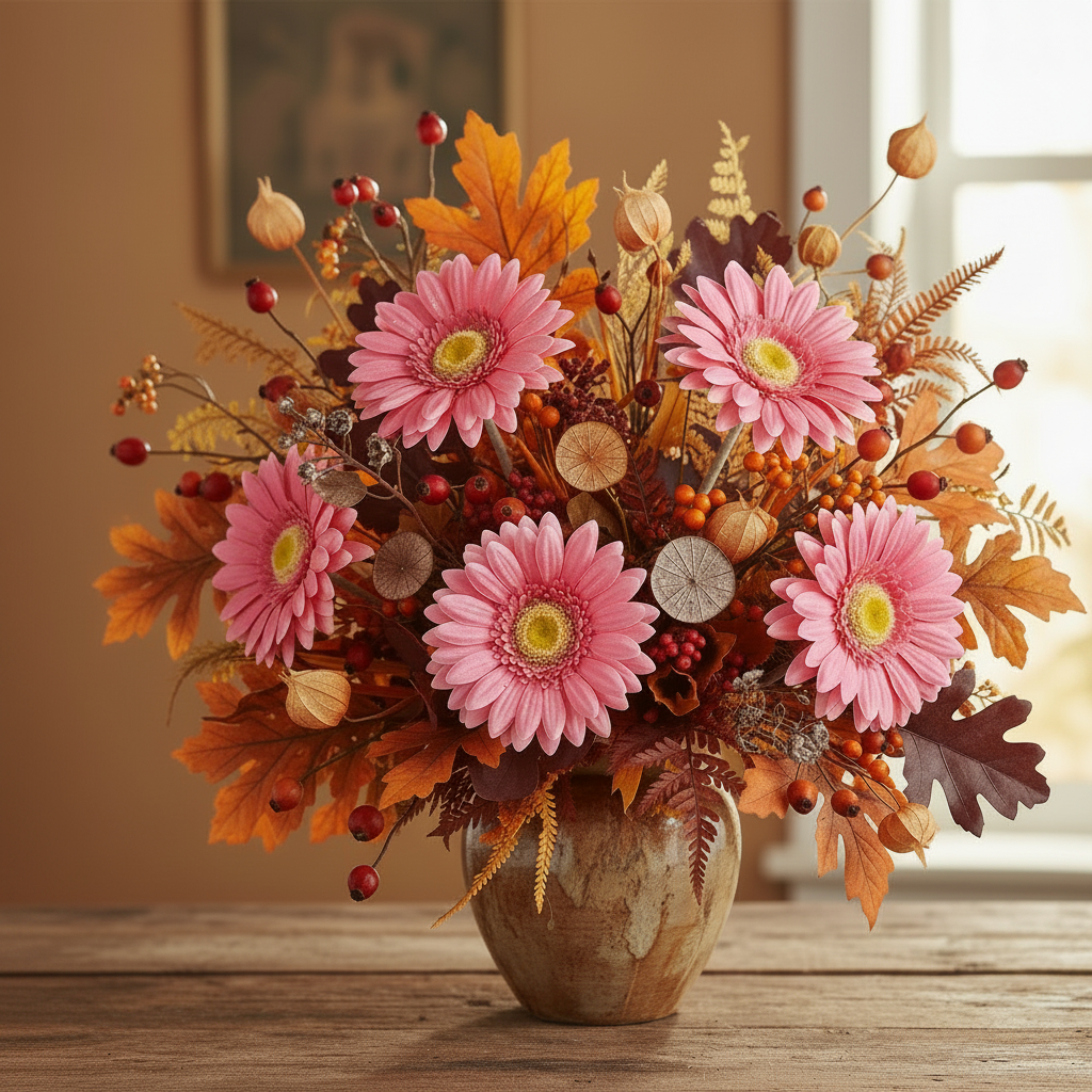 Artificial pink gerbera daisies styled in a vibrant autumn floral arrangement in a rustic brown ceramic vase with orange and brown leaves, red berries and small acorns on a wooden table